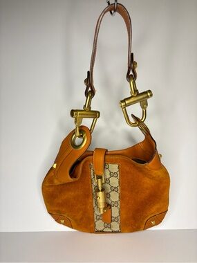 Gucci Orange Suede & GG Canvas Shoulder Bag with Tan Leather Trim